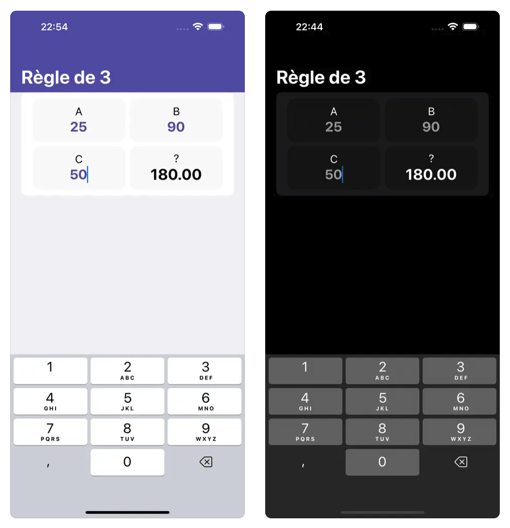 Application mobile iOS et Androïd Calculatrige de la Règle de 3.