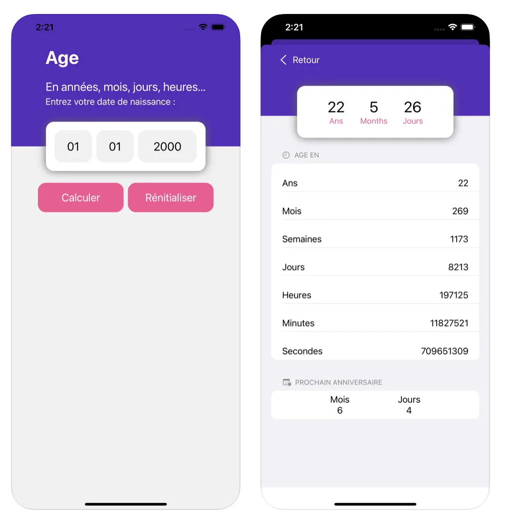 Application mobile iOS et Androïd Calculatrige d'age en mois heure et minutes.